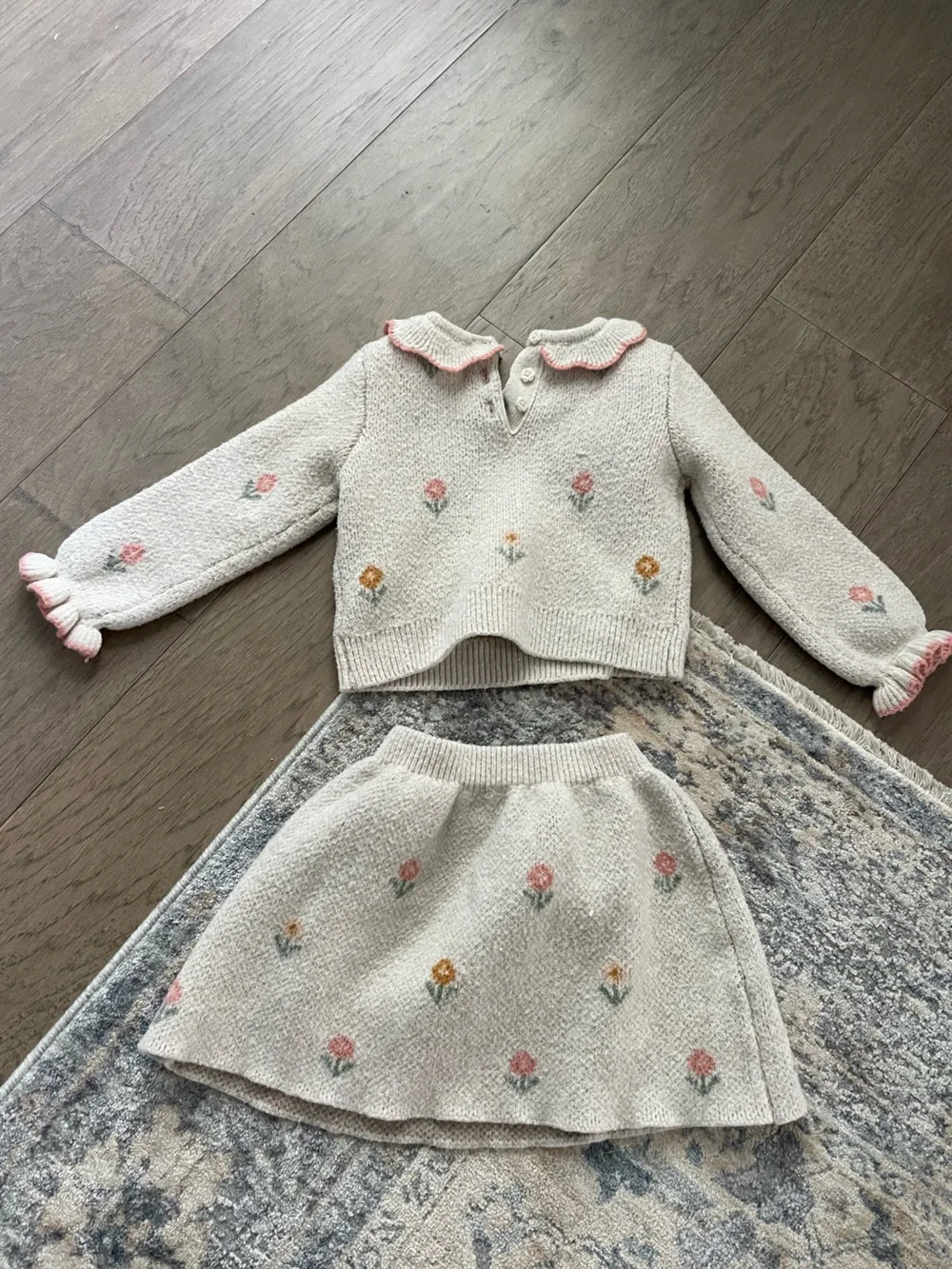 Girls Two-Piece Knit Floral Sweater Set - Cream with Pink & Mustard Flowers